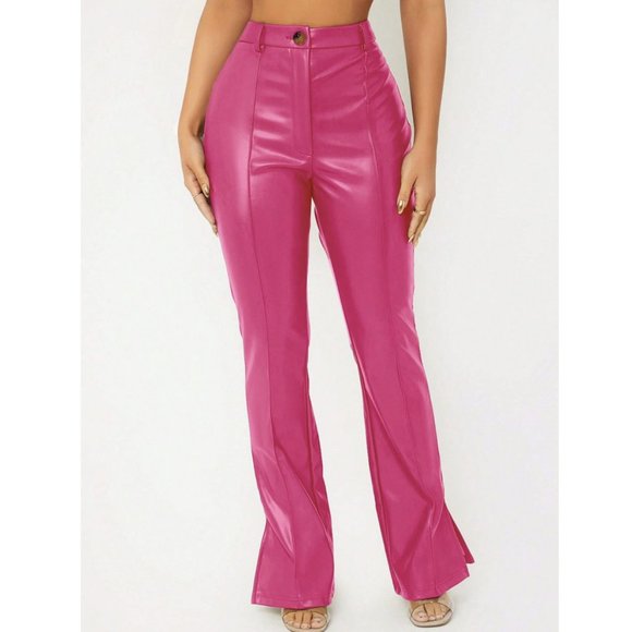 BarbieCore Split Hem PU Leather Flare Leg Pants Pink - Picture 2 of 5